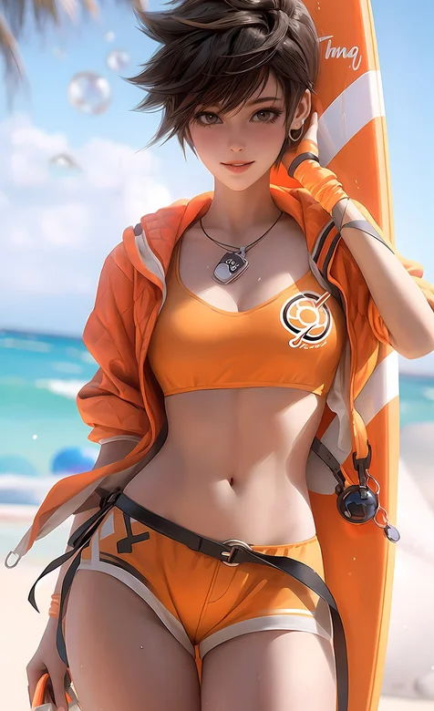 沙滩比基尼美女，黄色比基尼短裤沙滩AI短发紧身美女手机壁纸图片