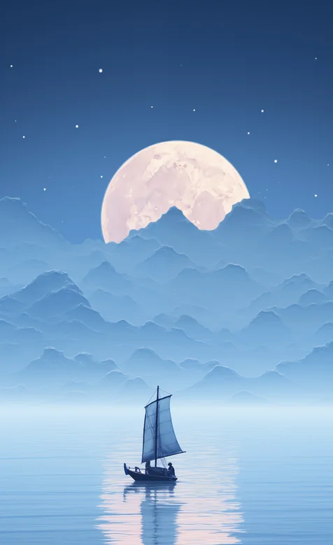 月亮，帆船，波光粼粼的湖面，远山唯美景色手机壁纸图片