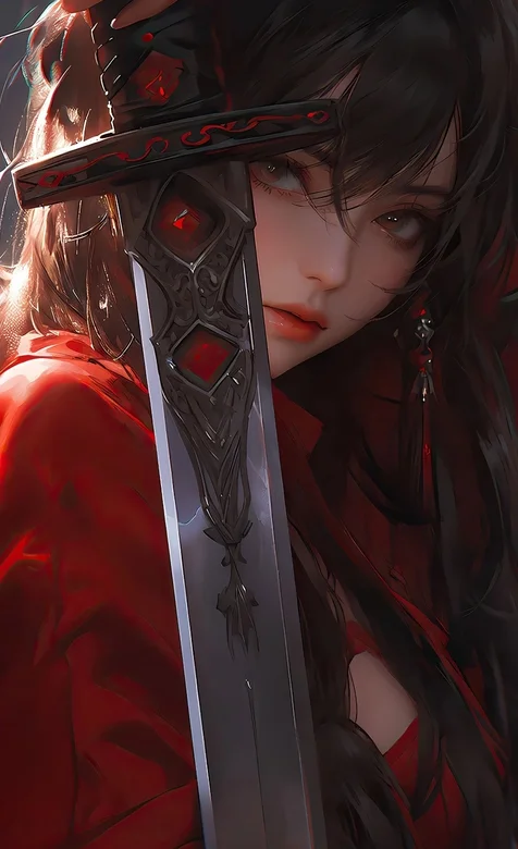 手拿红宝石宝剑贴脸看着你的红衣性感酷飒短发动漫美女高清手机壁纸图片