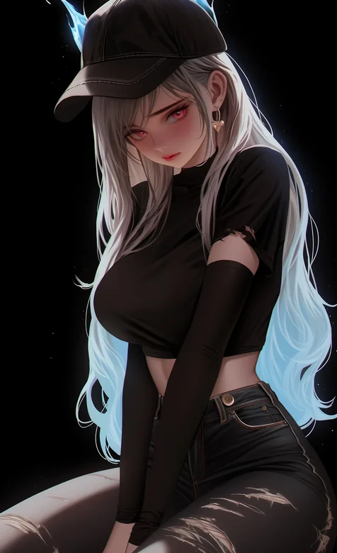 戴着帽子，穿上黑色紧身衣，牛仔裤坐在凳子上的动漫美女手机壁纸图片