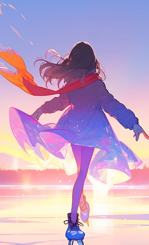 冰面上滑冰的少女，围着红色围巾，身着白裙在阳光冰面上的少女背影壁纸图片