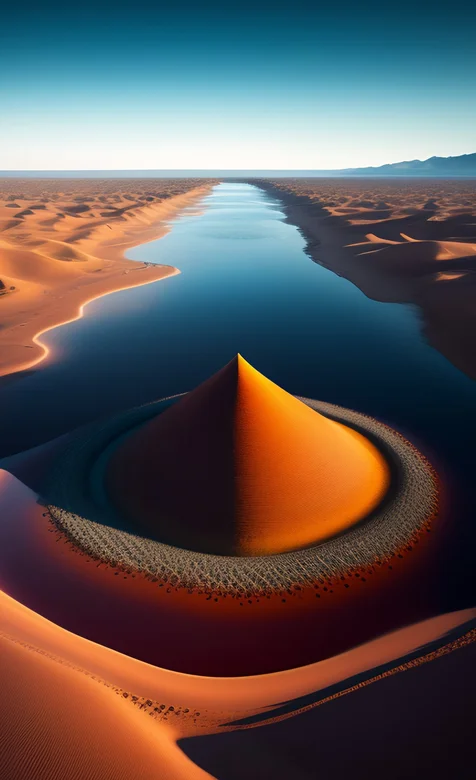 沙漠中的大河，圆锥型的沙丘，沙场唯美风景手机壁纸图片