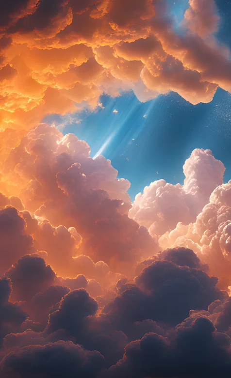 云朵，云层，火烧云，蓝天，以及透过云层的阳光唯美天空景色手机壁纸图片