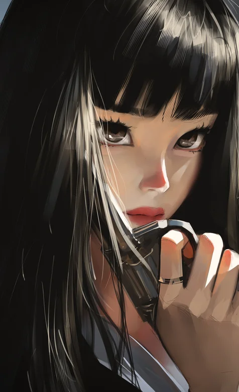 拿着黑色左轮枪的齐刘海长发动漫手绘女孩手机壁纸图片