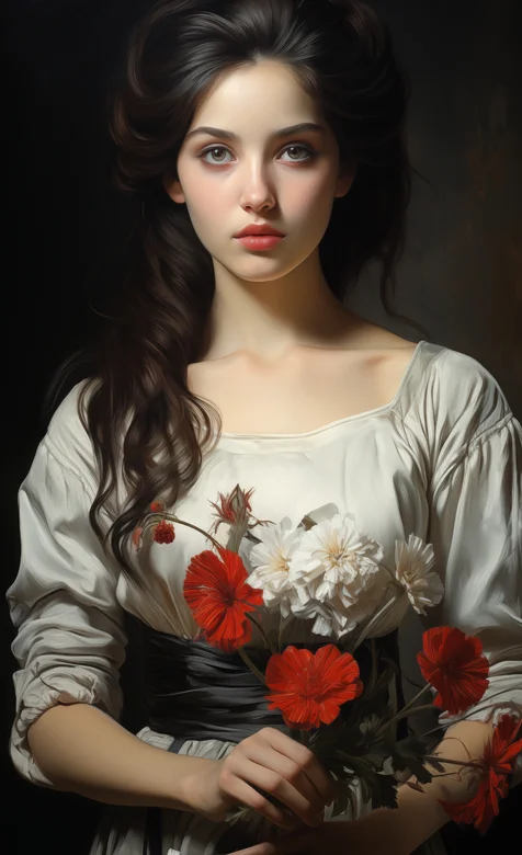 手拿鲜花的欧美传统着装风格漂亮手绘美女，女子插画壁纸图片