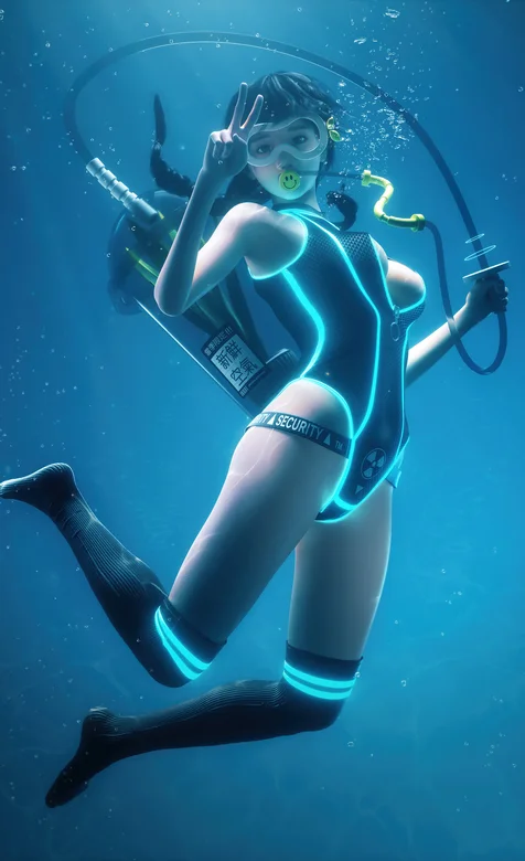 潜泳少女，戴着氧气罐，穿着发光比基尼在水中潜泳的性感美女手机壁纸图片