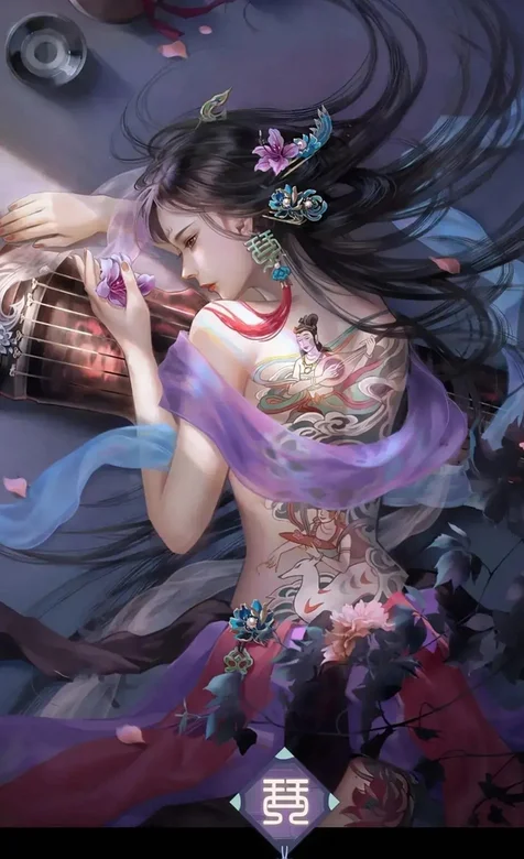琴瑟女人，趴在古琴上的背部纹身古装裸背女人手机壁纸图片