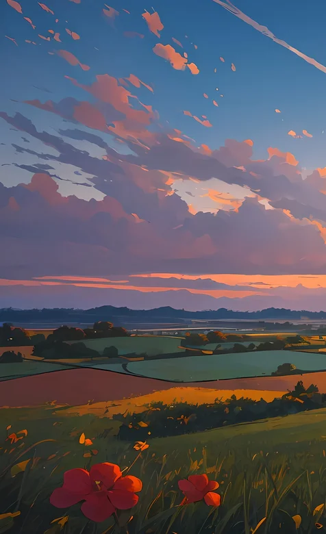 蓝蓝的天空下，山花烂漫，农村，原野，田地，唯美户外风景动漫手机壁纸图片