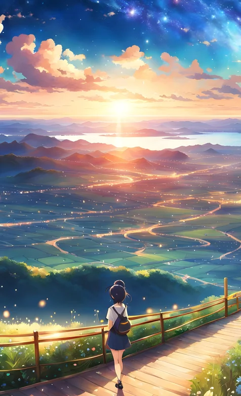 户外，花园，山顶，远方，登山的美少女唯美动漫景色手机壁纸图片