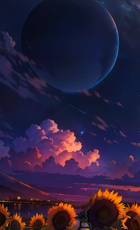 向日葵，星球，云朵，湖边，山川，灯火，唯美AI景色手机壁纸图片