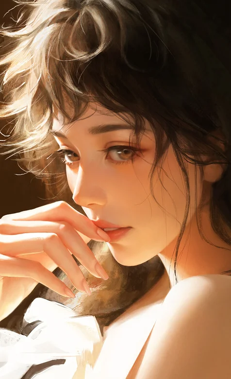 漂亮精致女人肖像手机壁纸，单手轻抚嘴唇的性感优雅气质美女侧颜手机壁纸图片