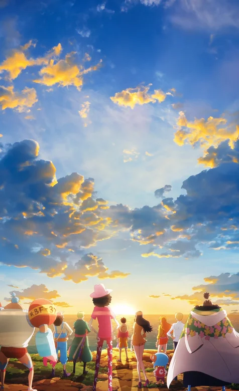 蓝天大海，站着岸边的海贼王动漫人物高清手机壁纸图片