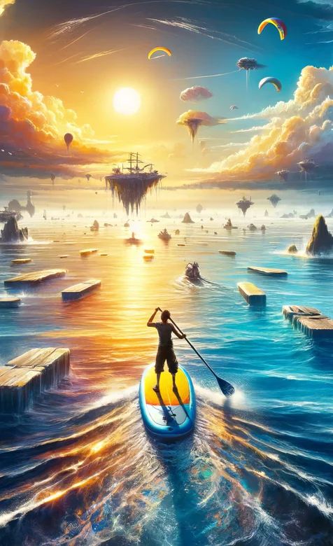 悬浮在大海上的梦幻之岛，海洋，划着皮划艇的男人唯美梦幻手机壁纸图片