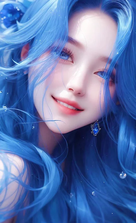 蓝发，蓝眼睛，笑容甜美的AI美女人物肖像手机壁纸图片