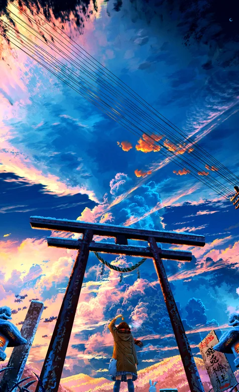 站着高大牌坊下仰望炫彩多云天空的二次元动漫少女插画手机壁纸图片