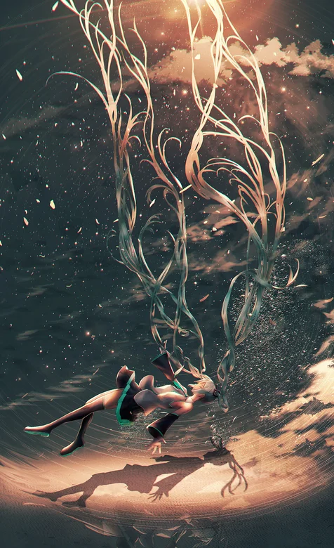 初音未来，逆光，慢慢沉入水中的初音未来唯美动漫手机壁纸图片