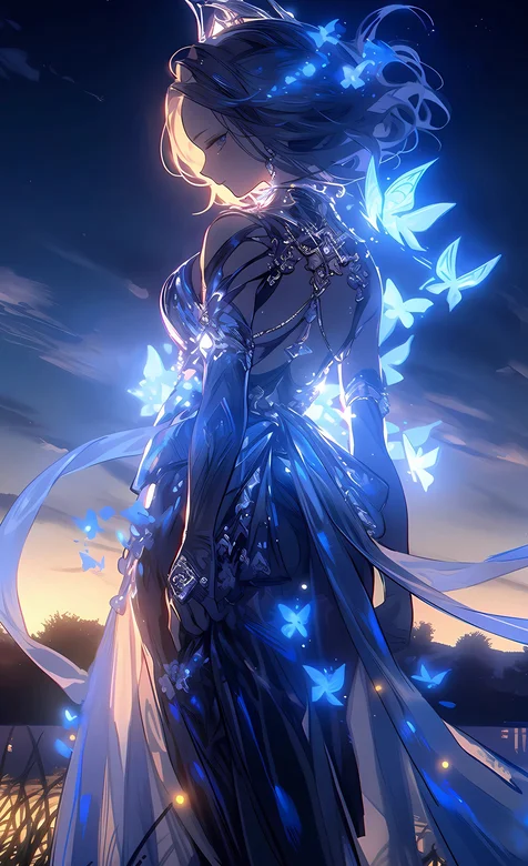 站着湖边，一袭蓝色裙装，身边蓝光蝴蝶追随环绕的AI美女高清梦幻手机壁纸图片