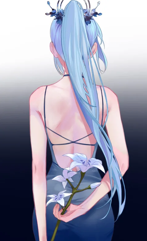 手拿一只百合花，绑着高马尾的露背装动漫女人背影手机壁纸图片