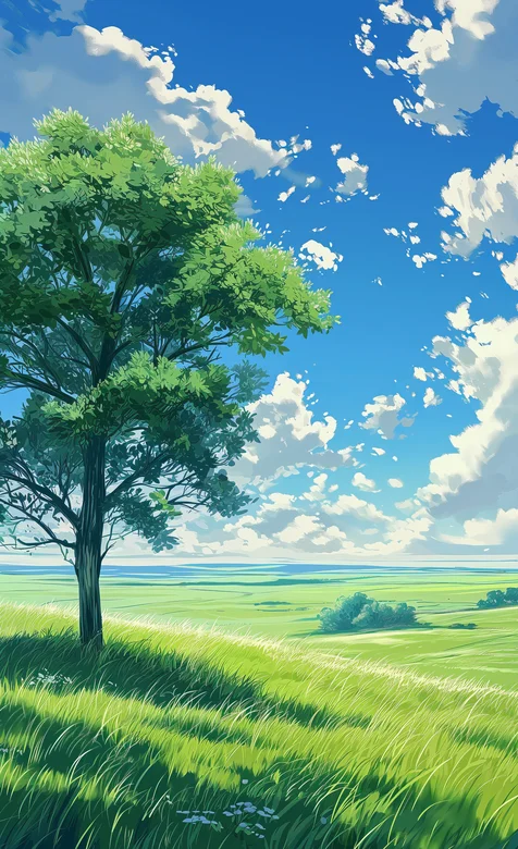 蓝天白云，青青草原，绿草，绿树唯美小清新户外风景手机壁纸图片