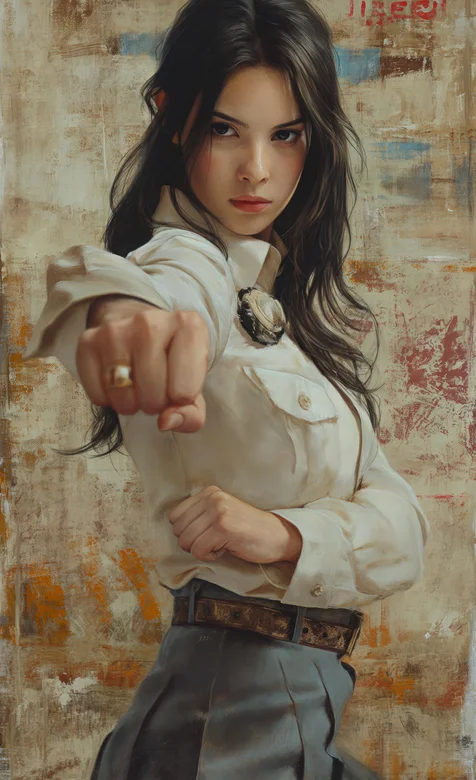 单手出拳，眼神犀利的外国年轻美女手机壁纸图片