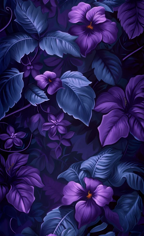 青翠的绿叶，紫色花朵绘画手机壁纸图片