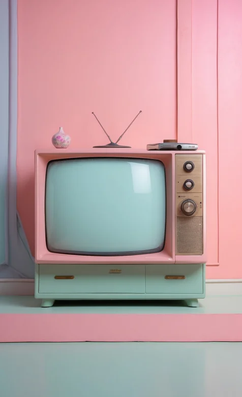 粉绿相间的可爱房间，一台老式台式电视机手机壁纸图片