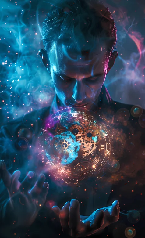 烟雾缭绕，气氛浓，外国男子，手中悬浮的钟表，时间管理大师手机壁纸图片