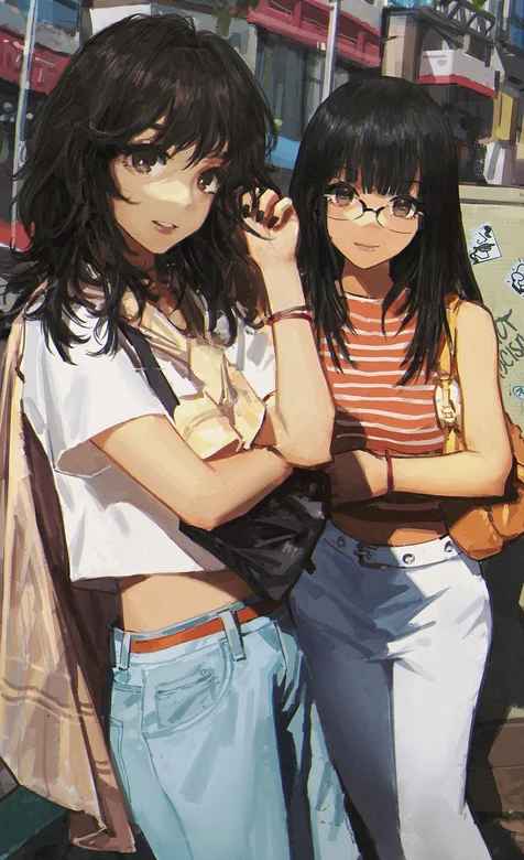 街头闲逛的两个时尚漂亮长发女生手绘街拍插画手机壁纸图片