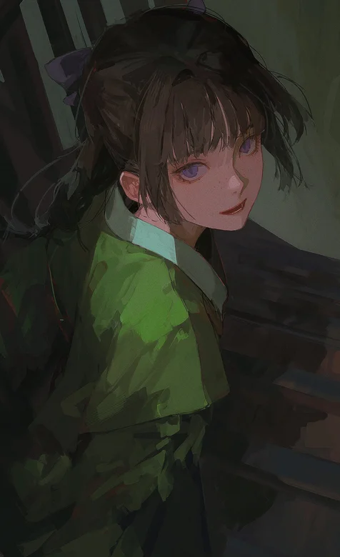 坐在木质楼梯上的绿衣女生手绘插画手机壁纸图片