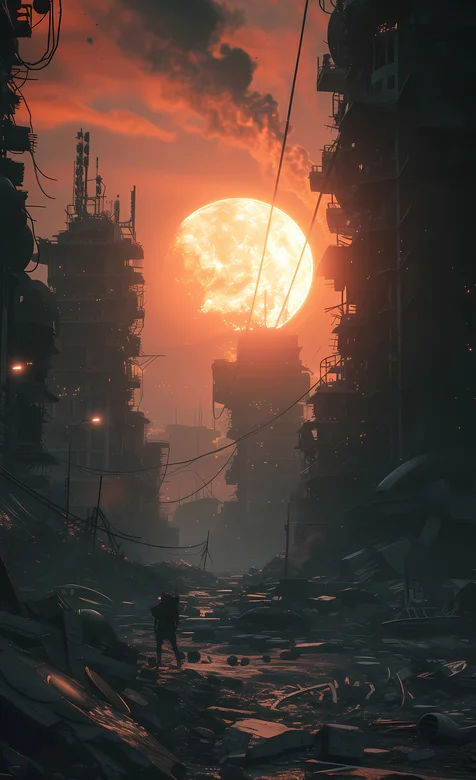 傍晚，巨大的太阳下，战争后的城市废墟，以及一个人精美AI手机壁纸美图