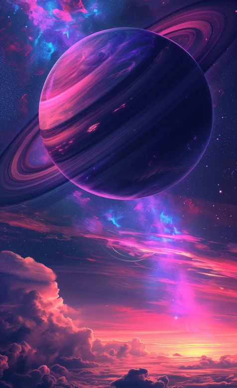 绚丽云彩上的巨大土星梦幻AI手机壁纸图片