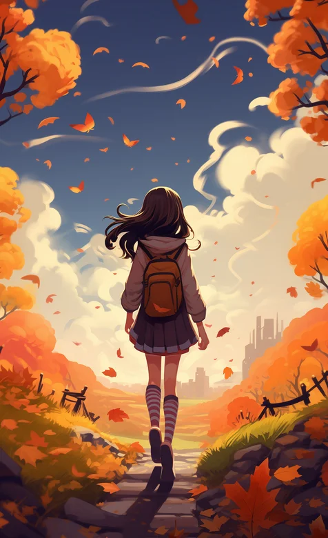 秋风瑟瑟，落叶飘，行走在石头路上，背着双肩包的短裙动漫少女唯美手机壁纸图片