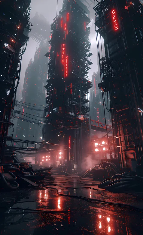 夜晚，灰雾弥漫的城市，亮着霓虹灯的高楼，以及满地杂乱的电缆AI手机壁纸图片