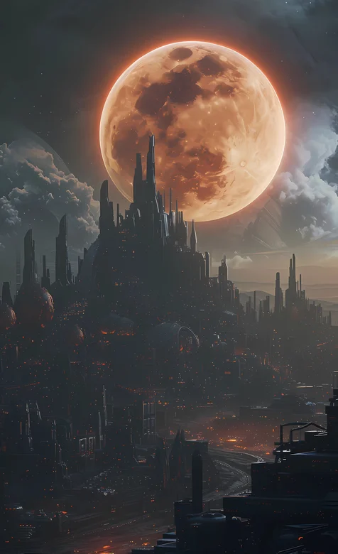 夜晚，灯火中的城市，古堡，以及远处的巨大星球动漫科幻手机壁纸