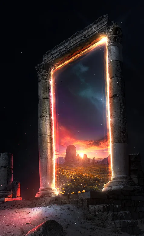 穿越之门，荒野外，横亘在台阶上，一边一个世界的穿越之门手机壁纸图片