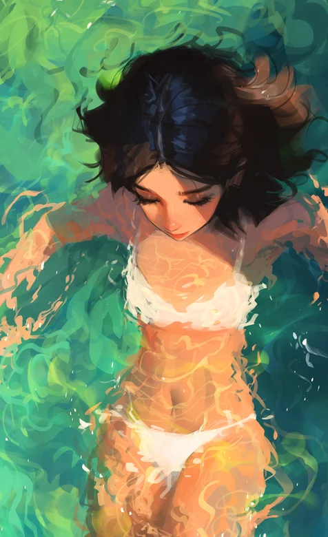 清澈的泳池，穿着白色泳装的黑发女生手绘插画手机壁纸美图