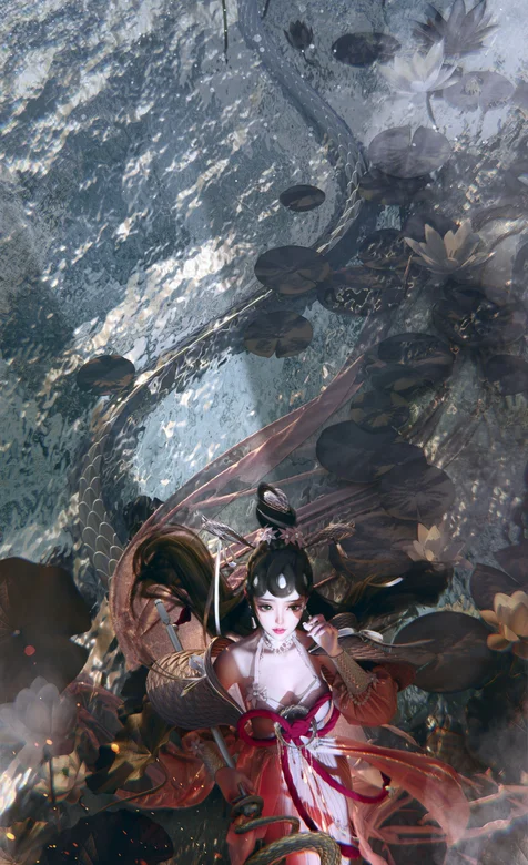 半人半蛇的美女，手提灯笼，游弋在水中的红衣古装美女蛇高清手机壁纸图片