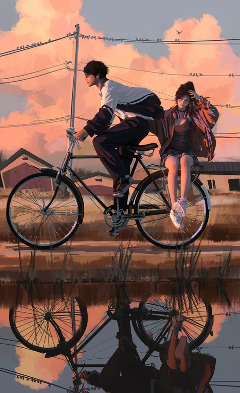 骑着自行车，行驶在乡间田野路上，男生载着女生温馨插画手机壁纸美图
