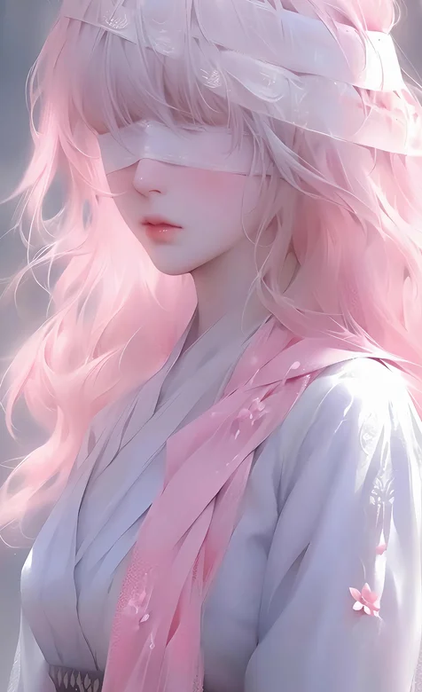 蒙着眼睛的粉色长发古装AI美女手机壁纸图片