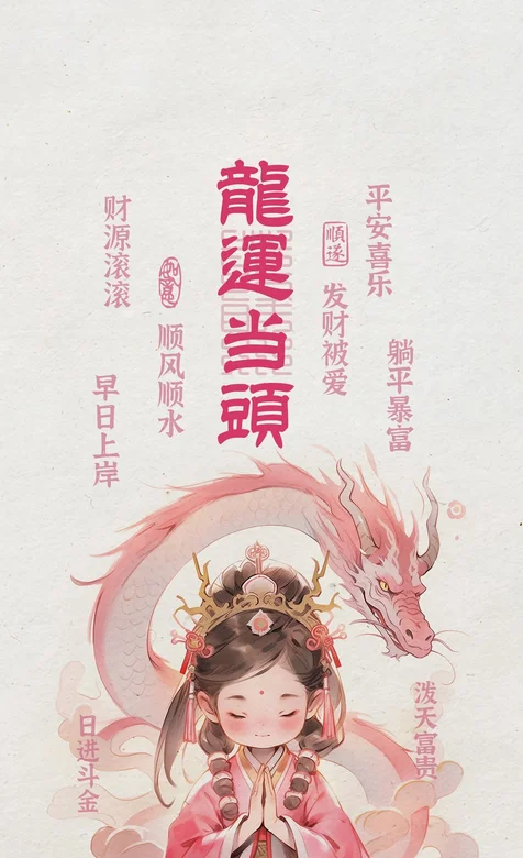 龙年好运手机壁纸，盘膝而坐的保佑的卡通女孩和龙图腾节日壁纸图片