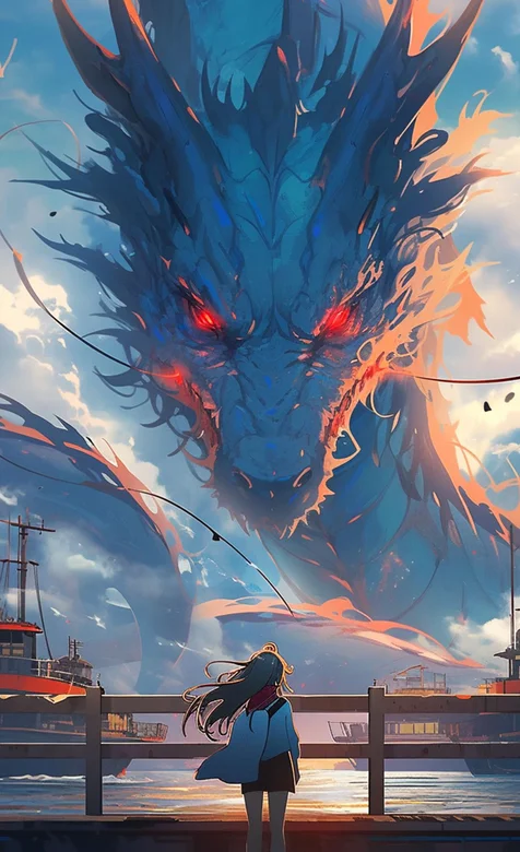 巨龙和少女，码头前，和腾空而起的巨龙对视的小女孩唯美创意AI手机壁纸图片