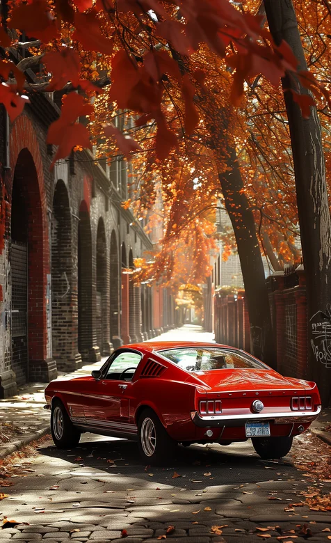 停在枫树林下，古堡前的红色古典老爷汽车手机壁纸图片