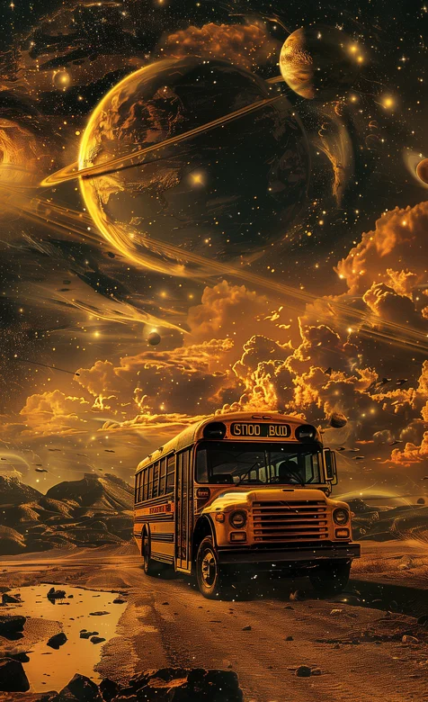 变幻莫测的天空，星球，砂砾，以及行驶在路上的巴士汽车想象科幻系列动漫手机壁纸图片