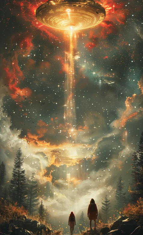 天空，飞碟，发射的光，森林，两个外星人，科幻想象类手机壁纸图片