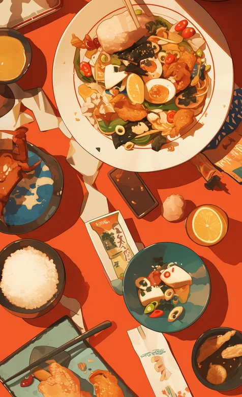 简单的一餐，餐桌，吃饭，米饭，唯美AI饭桌生活类手机壁纸图片