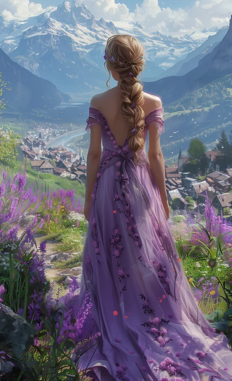 山坡，薰衣草，眺望，远方，山谷，白云，天空，穿着紫裙的AI公主美女背影手机壁纸图片