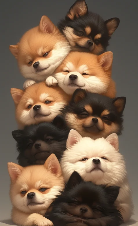 博美犬，9只叠在一起的可爱博美犬幼犬手机壁纸图片