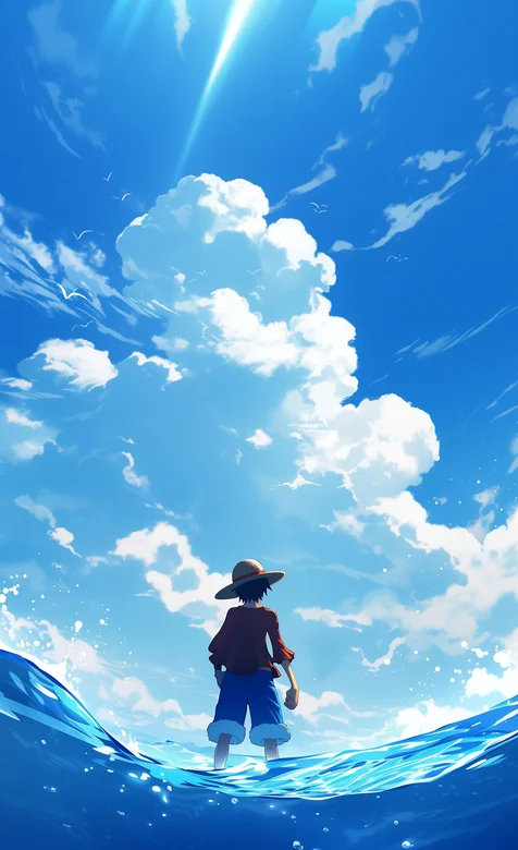 蓝蓝的天，白白的云，戴着草帽，在蔚蓝大海，海里的路飞背影手机壁纸图片