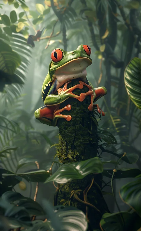雨林，丛林，一只抱着木桩的绿皮红爪箭毒蛙，青蛙AI美图手机壁纸图片