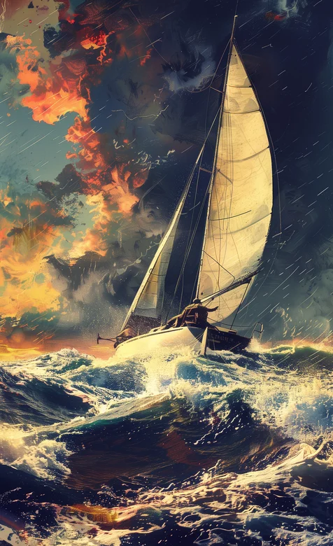 暴雨，乌云密布，惊涛骇浪的大海上，一艘孤零零的帆船手机壁纸图片